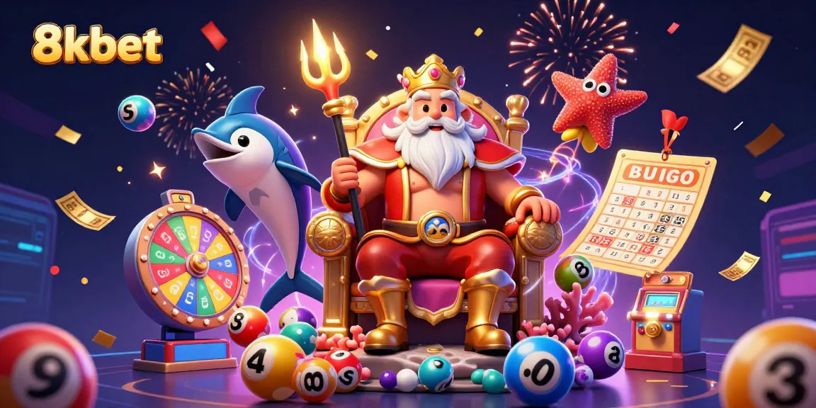 Engaging scene of 8xbet's sea king Neptune amidst lottery elements and festive celebrations.