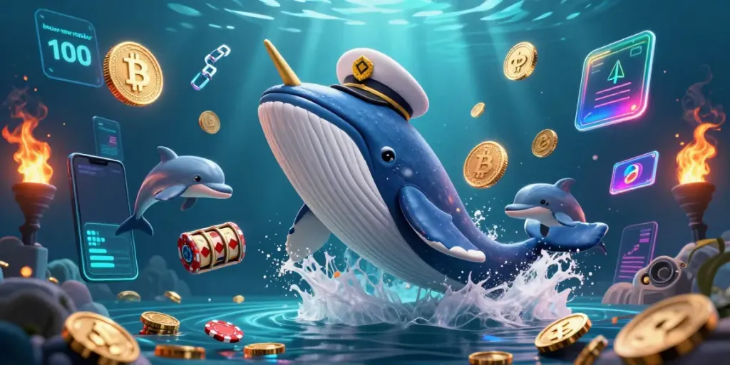 Celebrate winning with the bonus new member 100, illustrated alongside a whale and playful dolphins in a sea of coins.