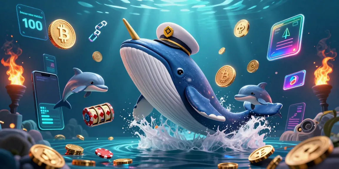Celebrate winning with the bonus new member 100, illustrated alongside a whale and playful dolphins in a sea of coins.