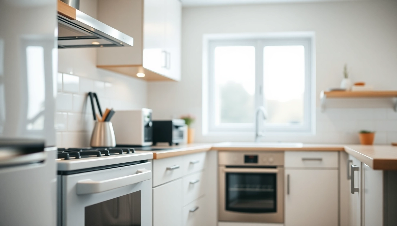 Showcase bяла техника in a stylish kitchen, featuring a sleek refrigerator and dishwasher for modern living.