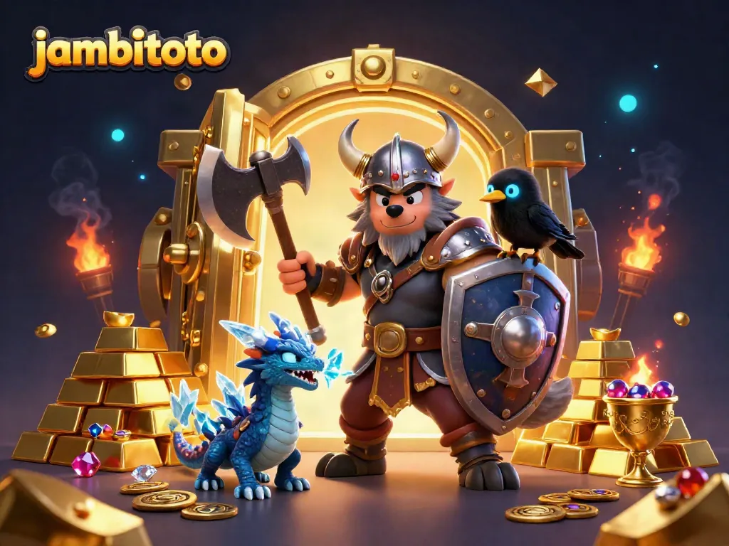 Engage in thrilling gaming adventures with jambitoto featuring a Viking warrior, dragon, and treasures.