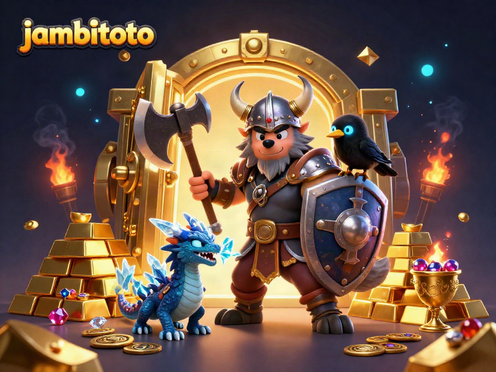 Engage in thrilling gaming adventures with jambitoto featuring a Viking warrior, dragon, and treasures.