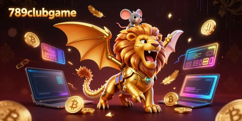 Win big with 789clubgame in this dynamic scene featuring a golden chimera roaring with crypto elements.