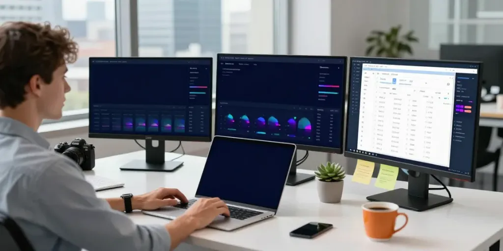 Digital marketer analyzing instant indexing tools in a modern workspace