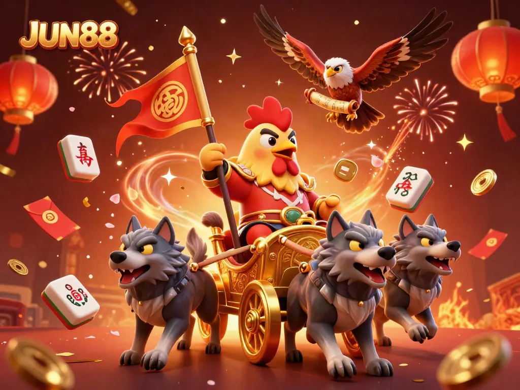 Experience the thrilling Jun88 atmosphere with a rooster warlord and dramatic casino elements.