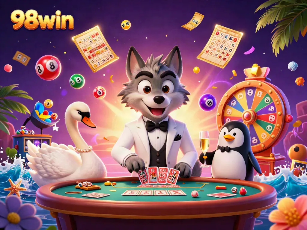 Experience the excitement of 98win with a lively casino scene featuring dynamic games and characters.