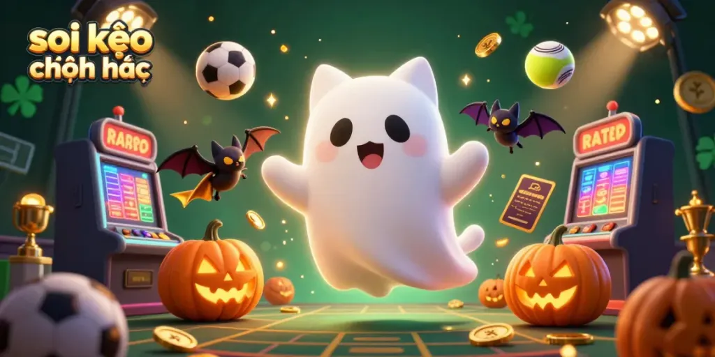 Engage with soi kèo bóng đá chính xác, featuring a ghost cat and vampire bat in a dynamic haunted casino.