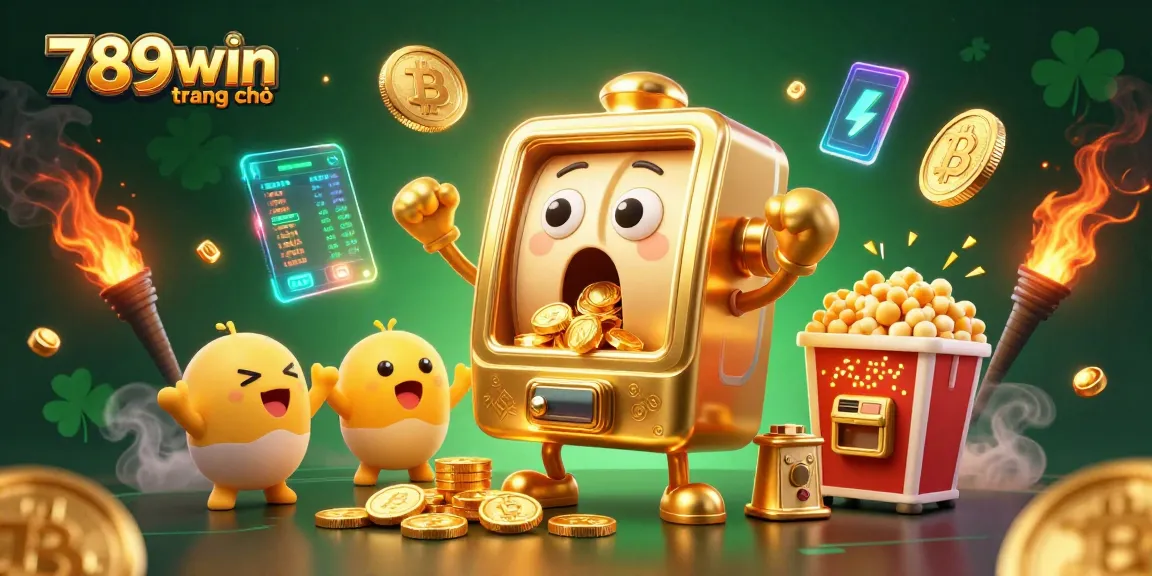 Engage with an exciting scene featuring 789win trang chủ as a golden slot machine hits a jackpot surrounded by cheering machines.