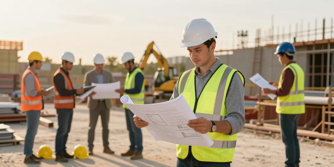 Quantity surveyor reviewing construction plans on-site with team, showcasing collaboration in building projects.