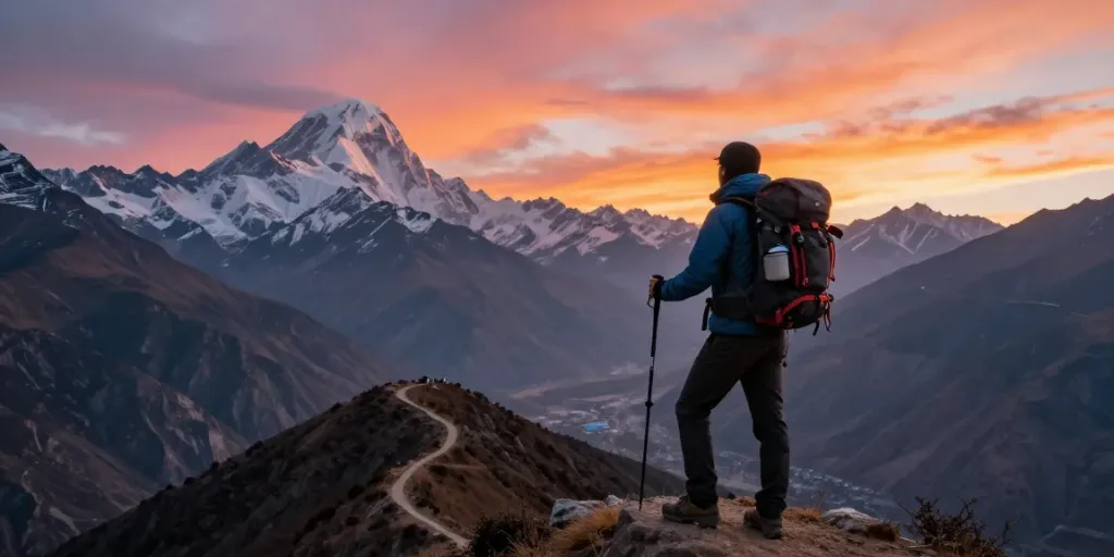 Manaslu Circuit Trek: excursionista en la cima de la montaña admirando el atardecer en los Himalayas.