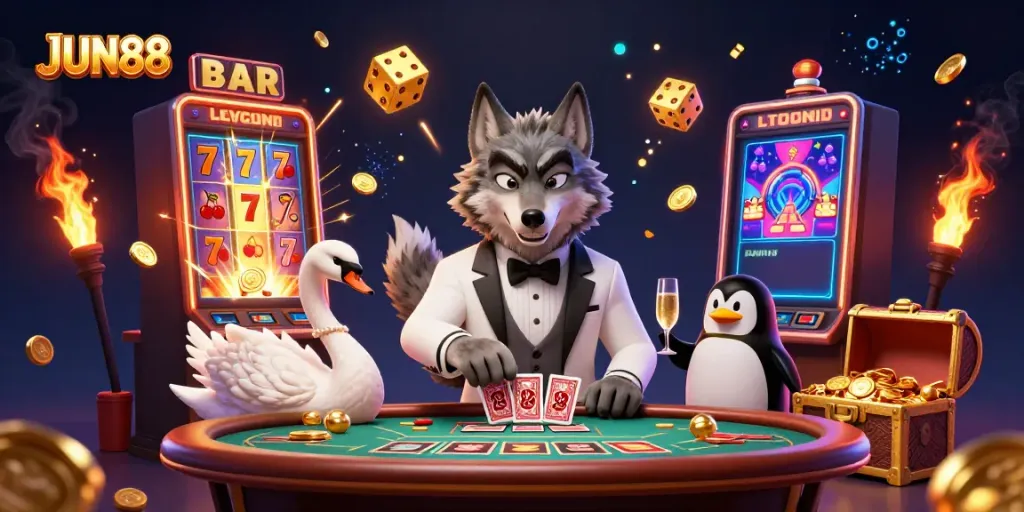 Experience thrilling gameplay at JUN88 with animated characters enjoying a vibrant casino scene.