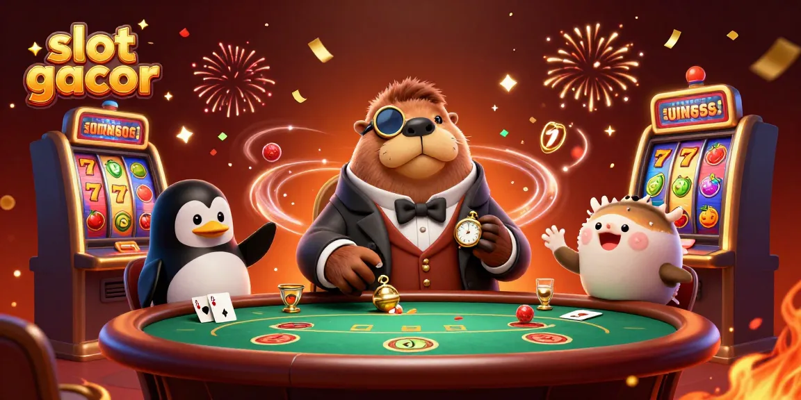 Visualisasi karakter walrus dan dealer penguin bermain slot gacor dengan suasana meriah.