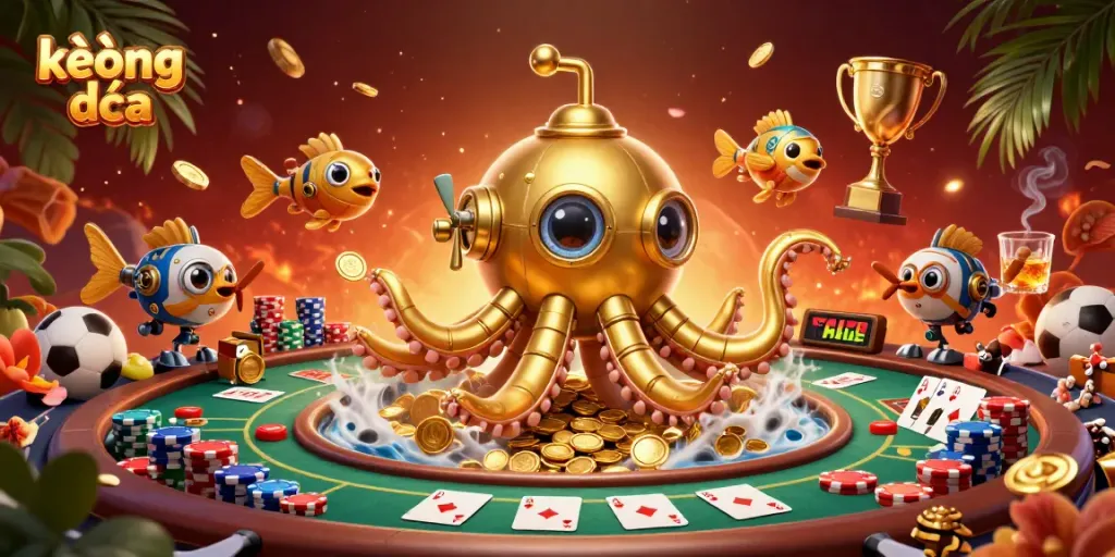 Experience the excitement of kèo bóng đá as a golden kraken submarine emerges from golden coins, surrounded by vibrant betting elements.