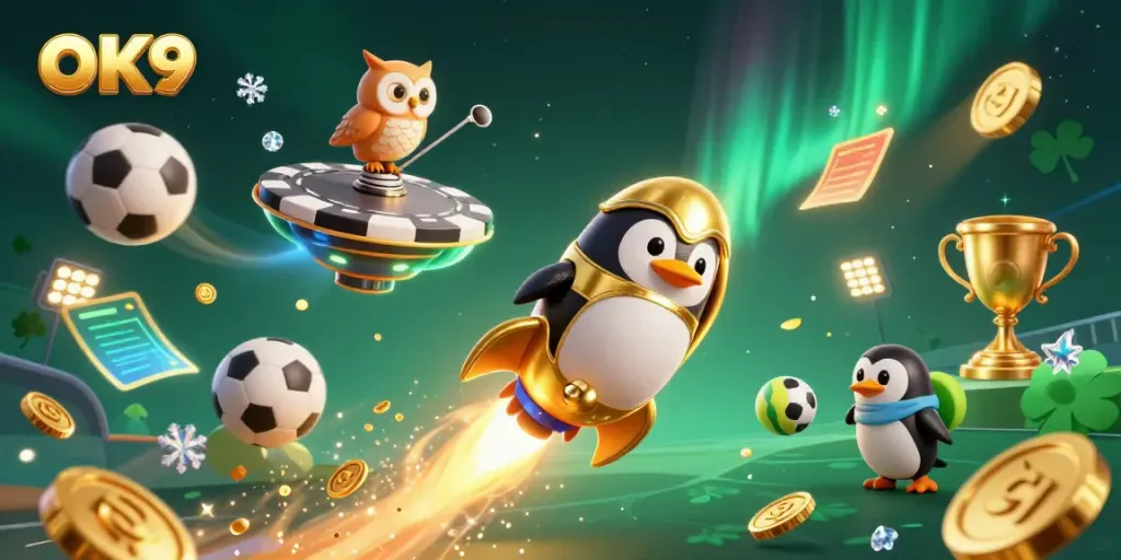 OK9 casino-themed illustration showing a golden penguin racing through space, surrounded by sports elements and coins.