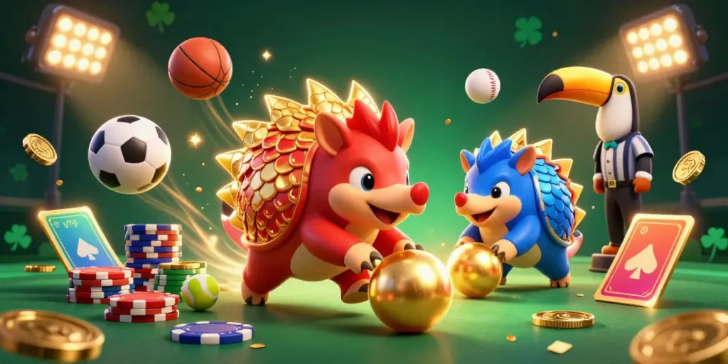 V79 pangolins bowling through poker chips in a vibrant casino-themed 3D illustration.