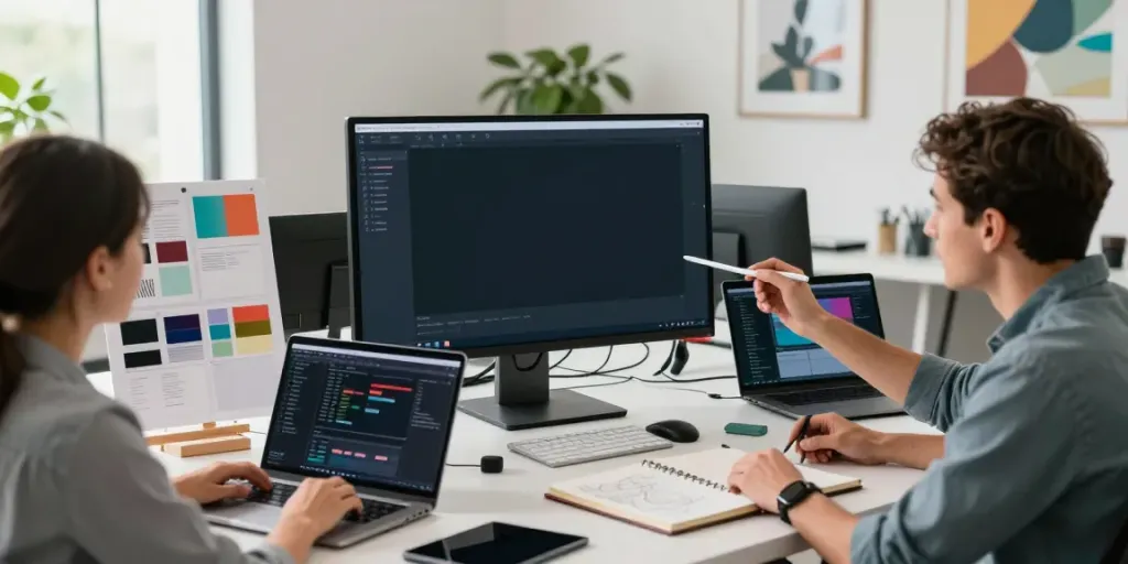 See this site for innovative web design collaboration in a bright workspace.