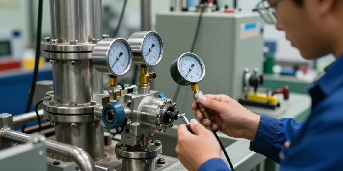 Technician calibrating a mechanical vacuum switch in an industrial automation setting, emphasizing precision and robust design.