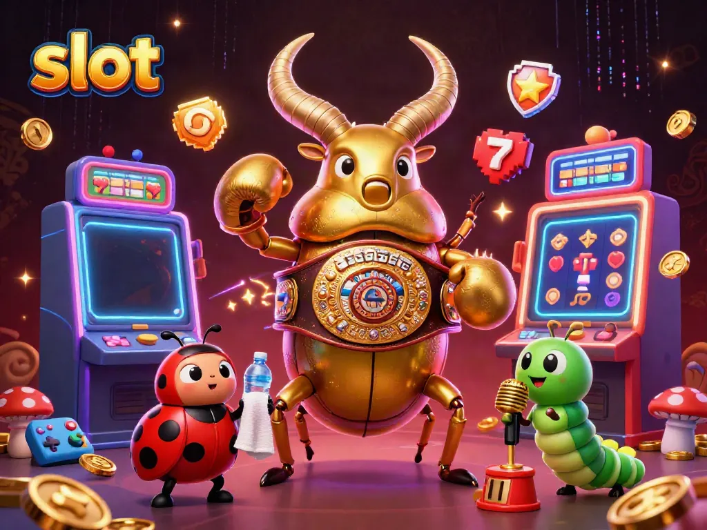 Experience thrilling slot action with a champion beetle and a ladybug assisting in this vibrant casino scene.