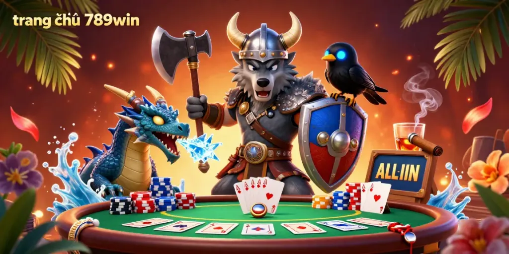 Engage with the vibrant scene at trang chủ 789win, showcasing a Viking wolf and dragon at a poker table.