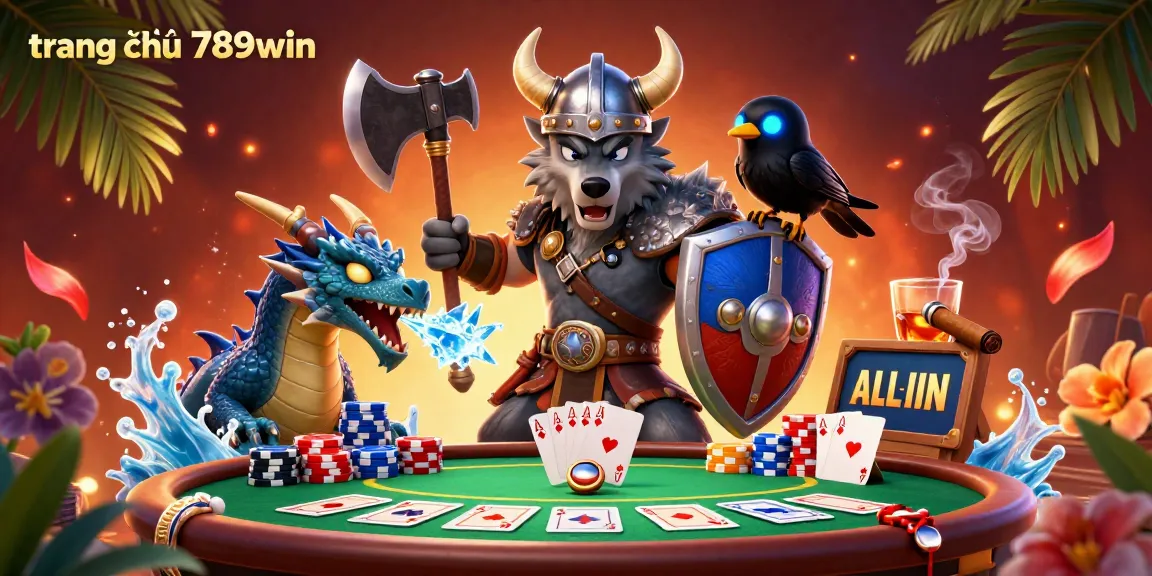 Engage with the vibrant scene at trang chủ 789win, showcasing a Viking wolf and dragon at a poker table.