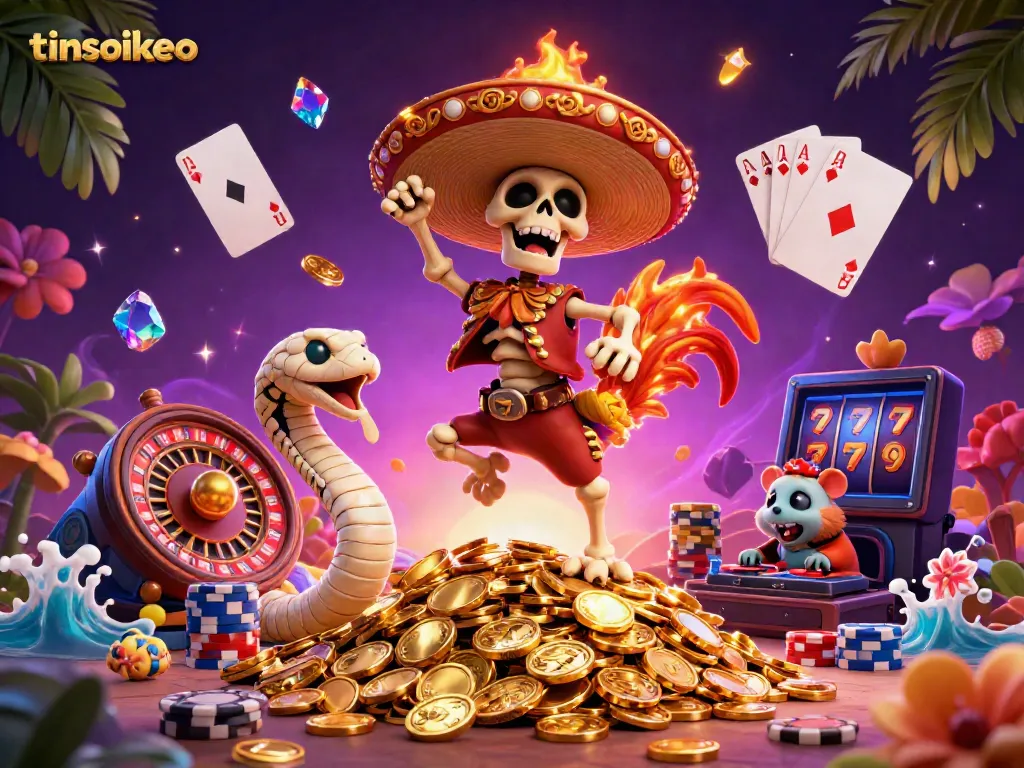 The lively scene illustrates the tinsoikeo brand with a vibrant 3D cartoon skeleton mariachi rooster celebrating on golden coins, highlighting dynamic gambling action.