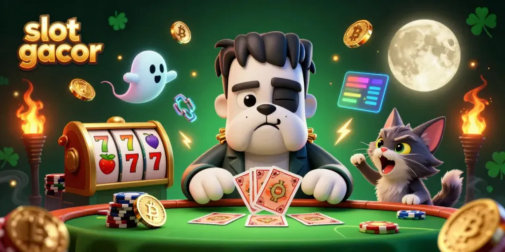 Engage in the thrill of slot gacor with a dynamic 3D illustration showcasing a Bulldog dealing cards at a casino table.