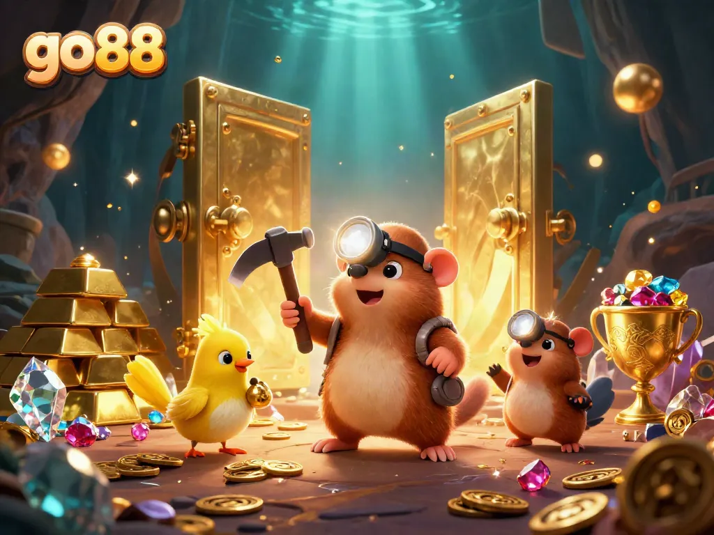 Experience thrilling wins at go 88 through a lively treasure scene, showcasing gold bars and gems!