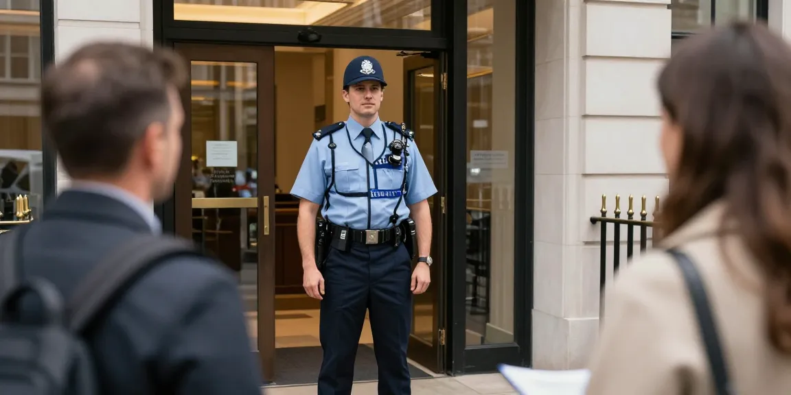 Security Guard providing professional service at a local business entrance in London, ensuring community safety.
