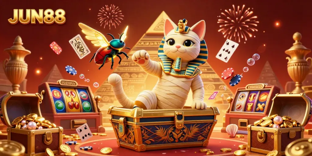 Experience thrilling gambling action with JUN88 featuring an Egyptian mummy cat in a vibrant casino scene.