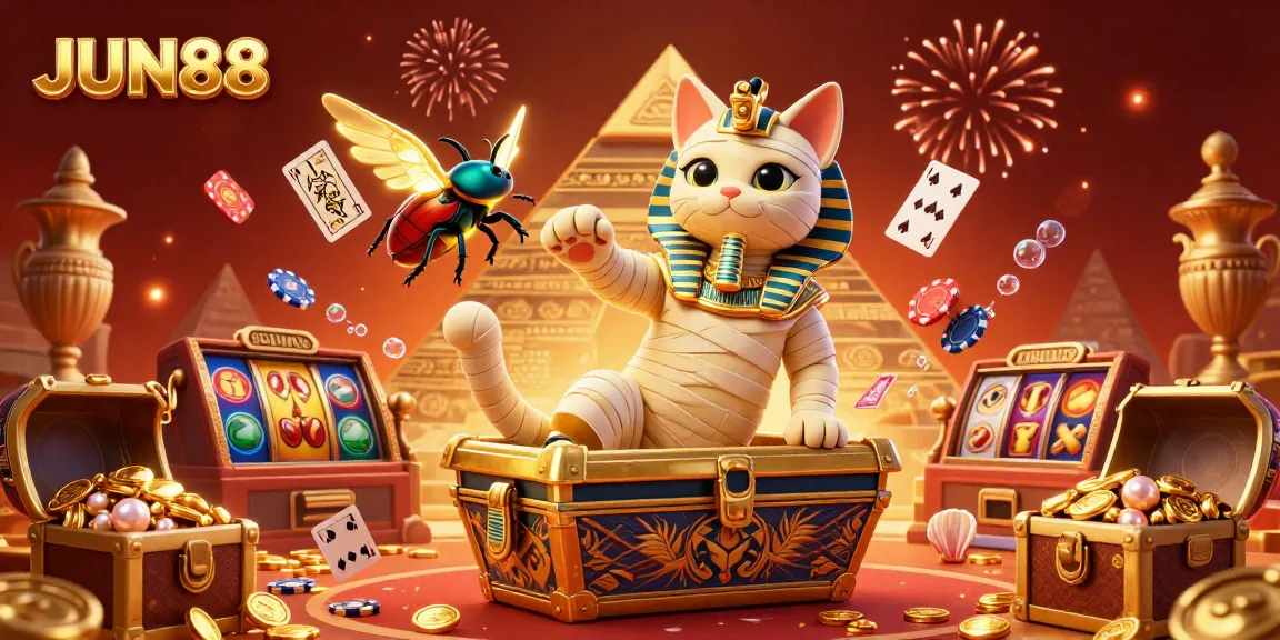 Experience thrilling gambling action with JUN88 featuring an Egyptian mummy cat in a vibrant casino scene.