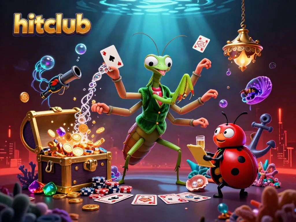 hitclub showcases a vibrant 3D casino scene with a giant card sharp and ladybug pit boss amidst gold coins and lively gaming elements.