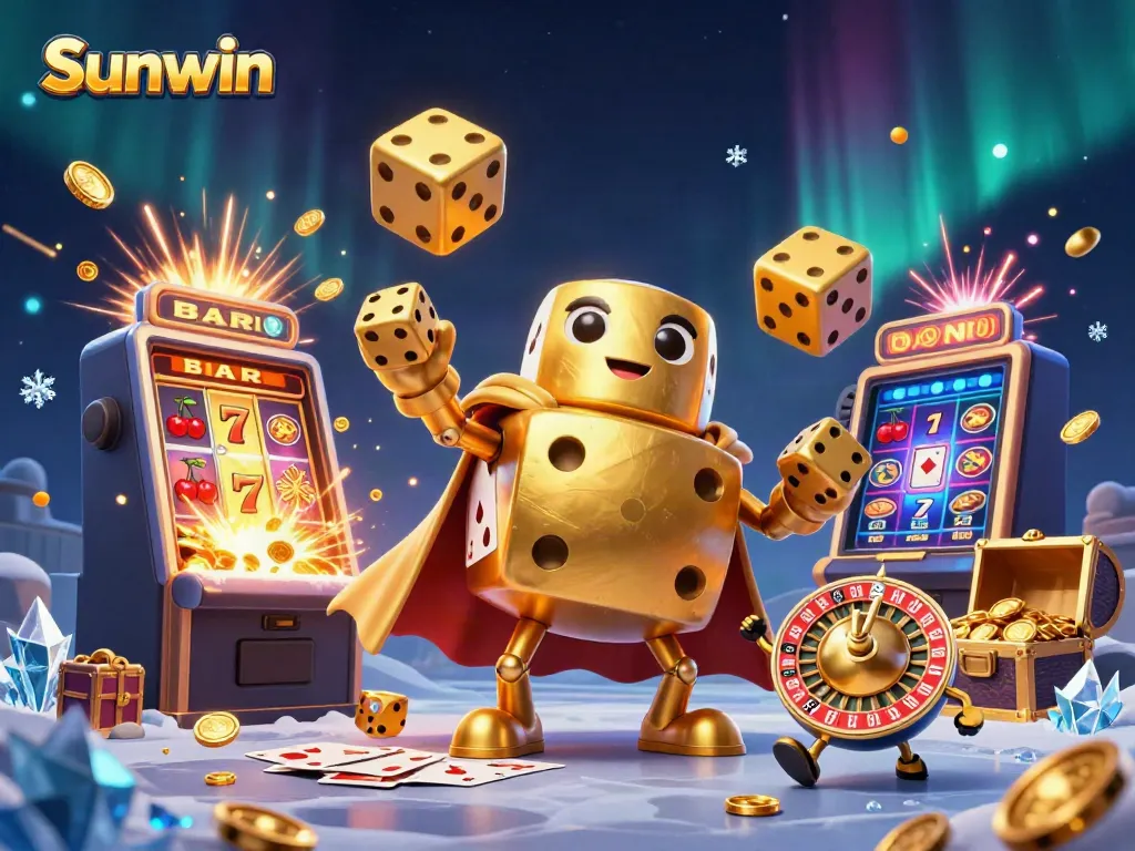 Experience excitement with Sunwin as golden dice juggle amidst a vibrant casino scene.