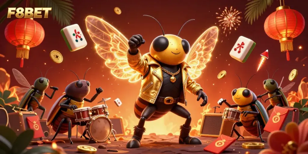 Experience the excitement of F8BET casino with a vibrant digital illustration of characters celebrating winnings amidst dynamic game elements.
