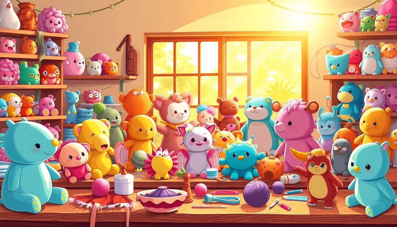 Delightful custom plushies workshop with artisans crafting imaginative toys.
