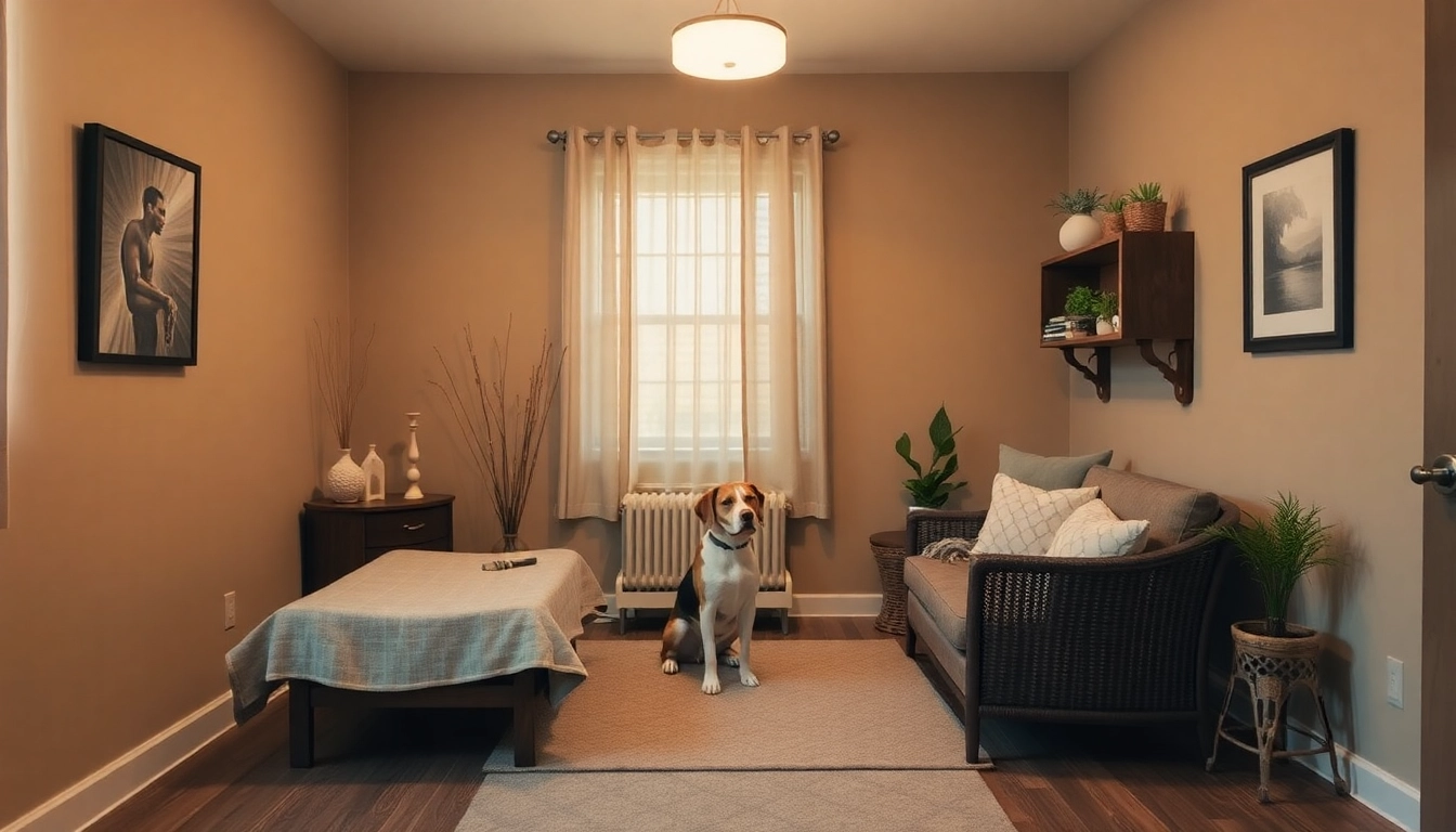 Therapy environment of a Sydney Psychologist emphasizing comfort and a therapy dog for support.