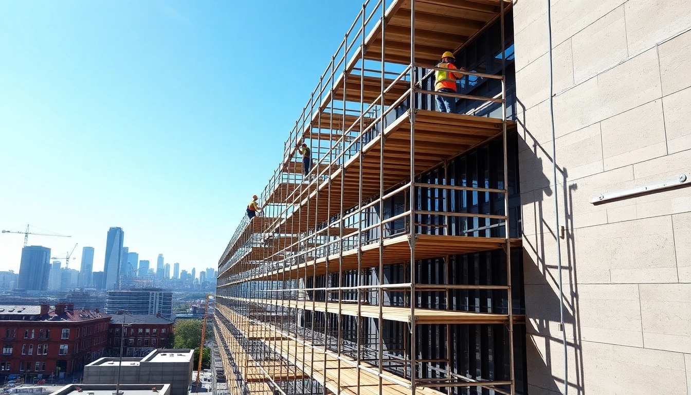 Workers setting up caffolding Bolton at a construction site, ensuring safety and efficiency.