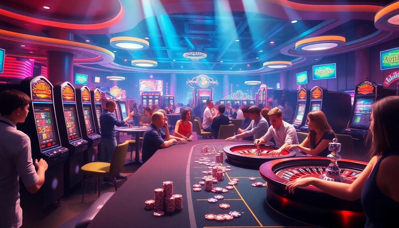 KJC AC 1 vibrant casino scene featuring poker tables, slot machines, and engaging players.