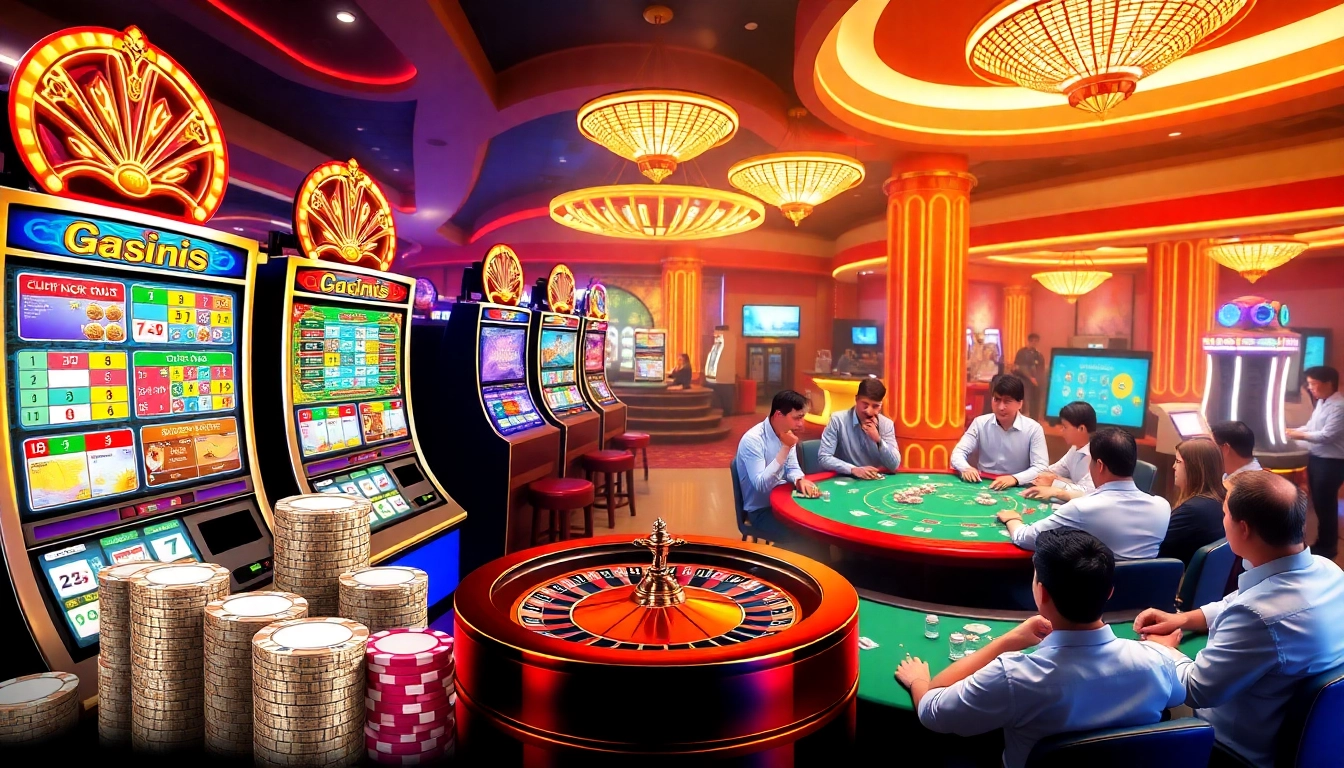 A thrilling casino experience showcasing KJC AC 1 with vibrant slot machines, poker chips, and a roulette wheel.