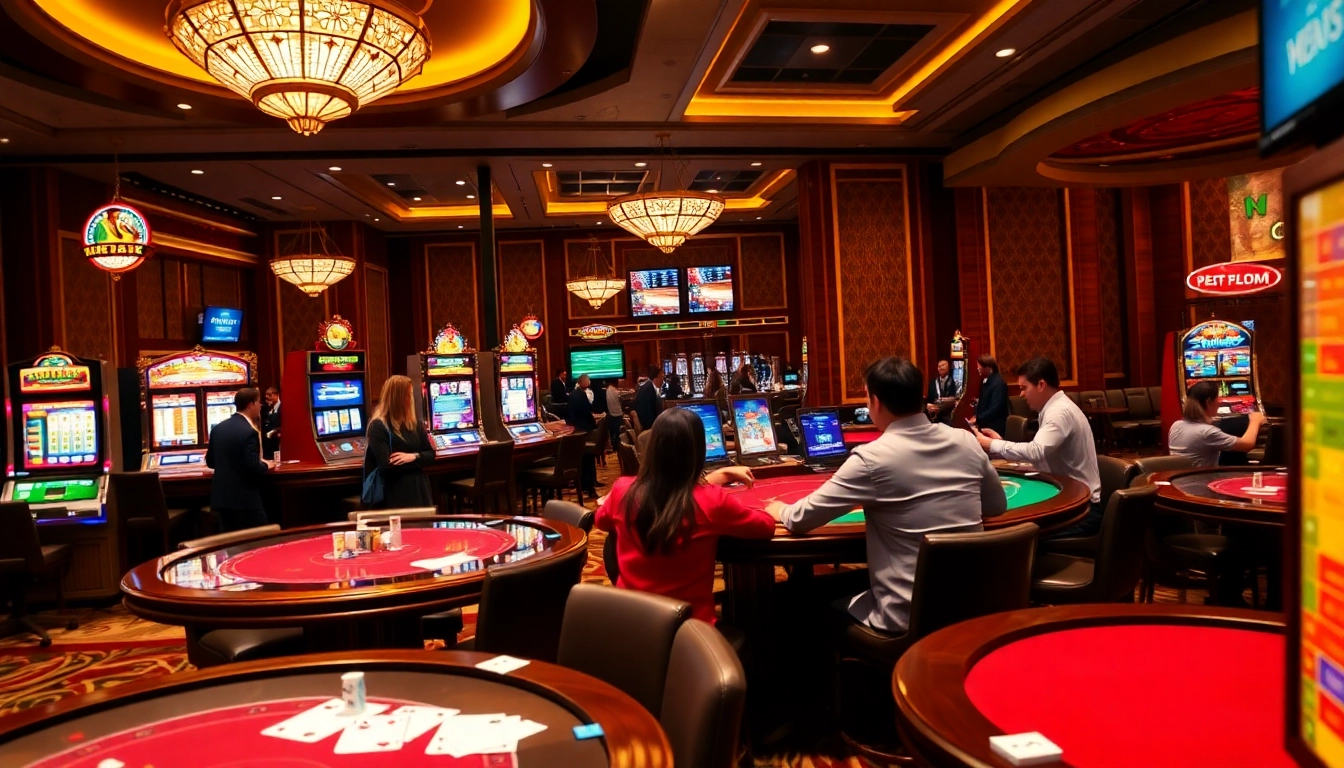 Khela88 gamblers actively placing bets at a luxurious casino table with vibrant slot machines.