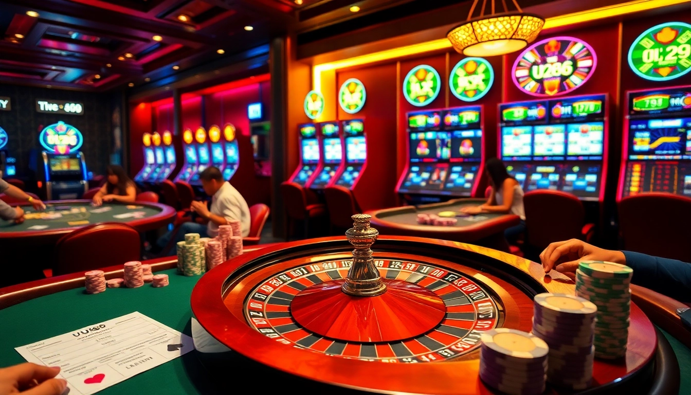 Engage in thrilling gameplay at uu88's luxurious casino with vibrant roulette and poker tables.
