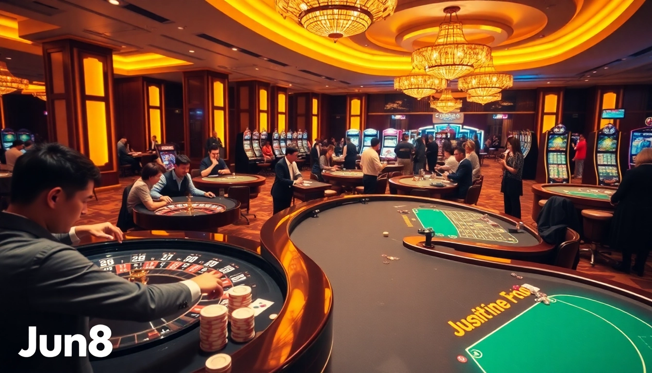 Experience the thrill of gaming at Jun88's vibrant casino tables filled with engaged players.