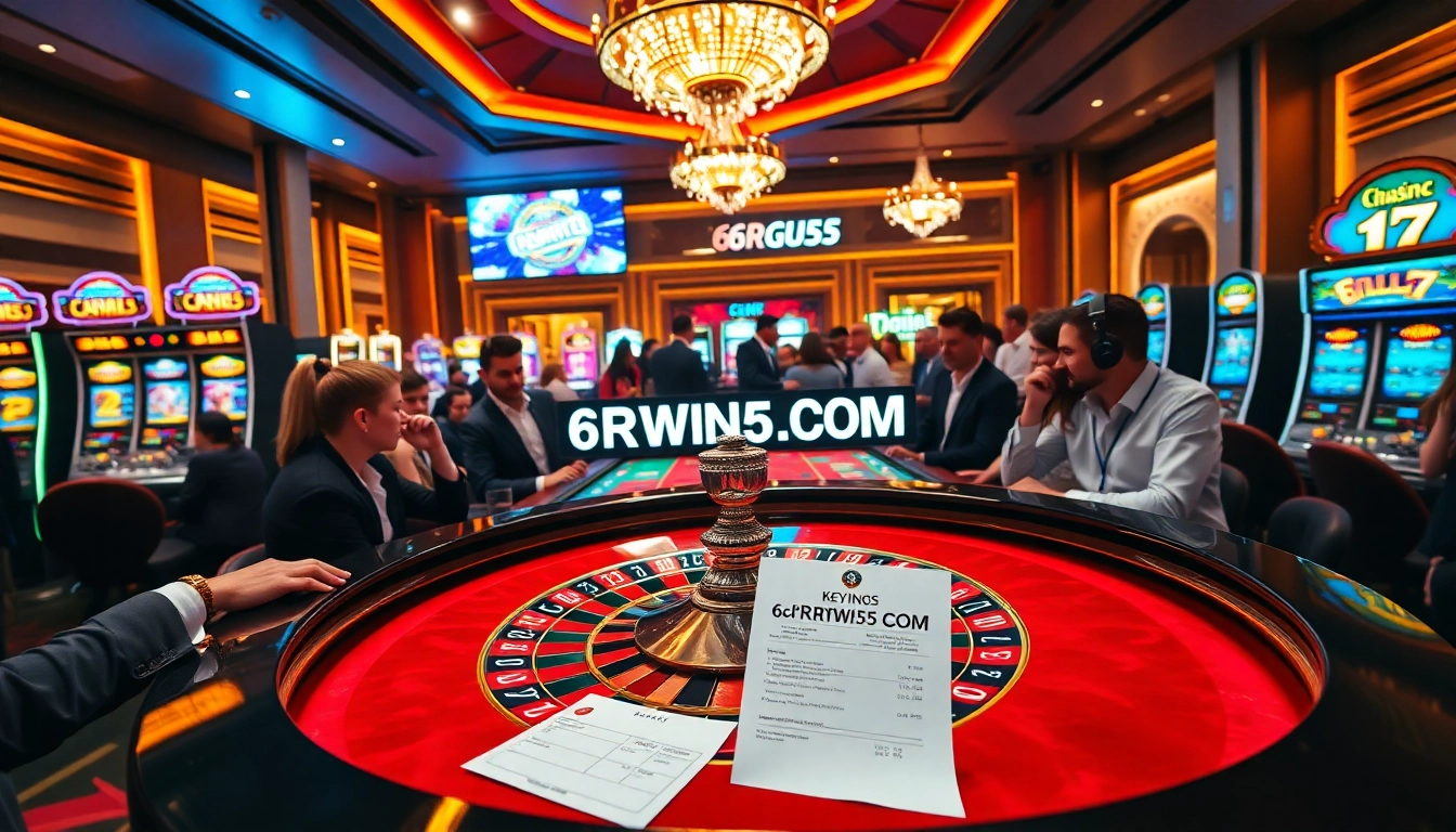 Engaging players at the roulette table with 6RWIN55 COM branding in a luxurious casino atmosphere.