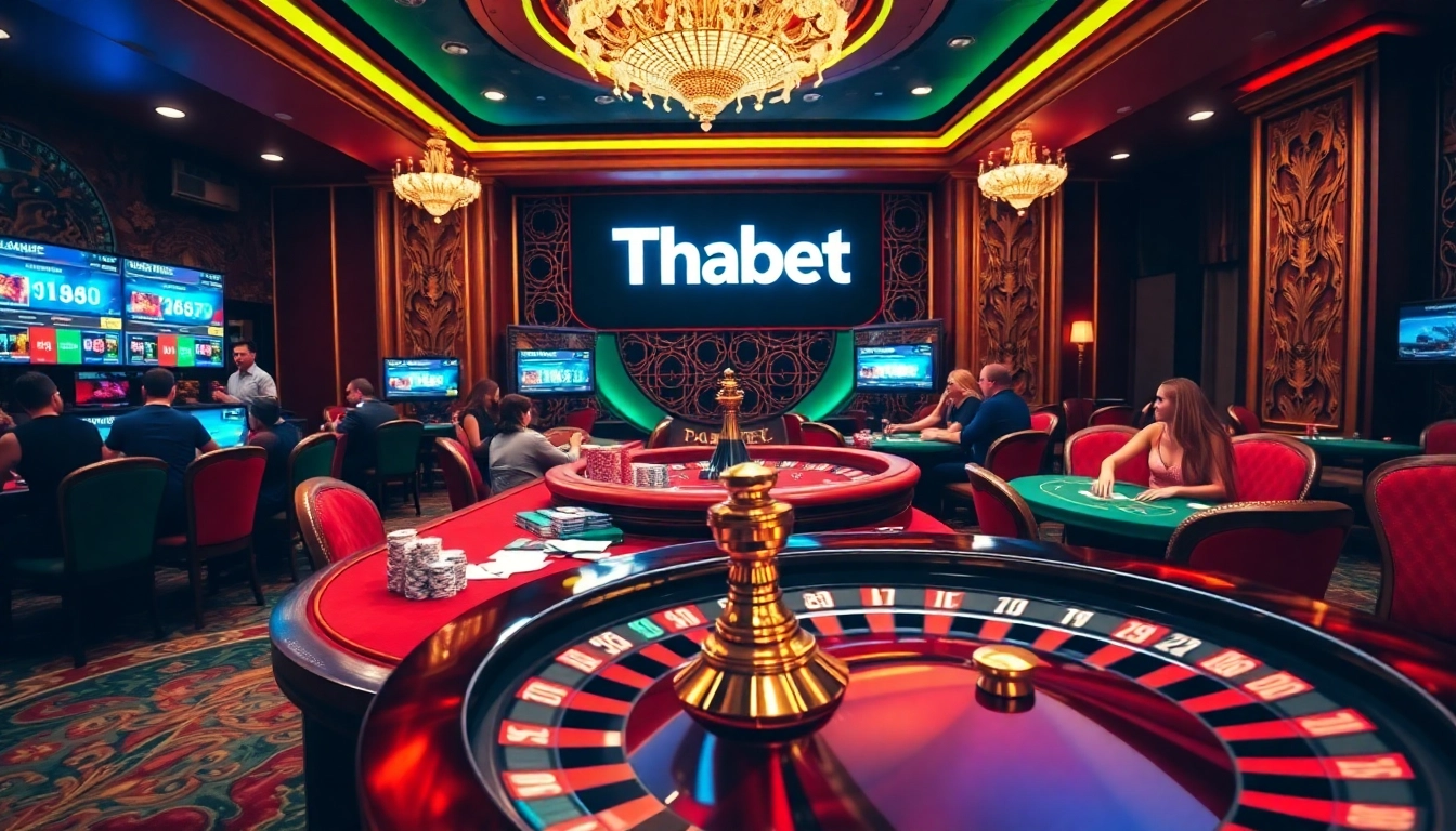Thabet casino betting scene showcasing colorful games, poker chips, and a roulette wheel.