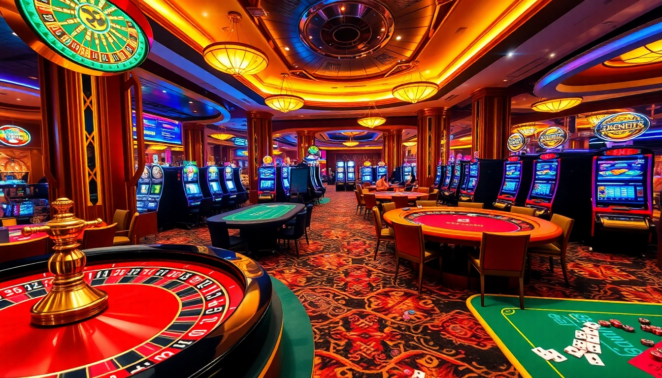Engaging players at DR88 casino tables with vibrant slot machines and roulette wheels.