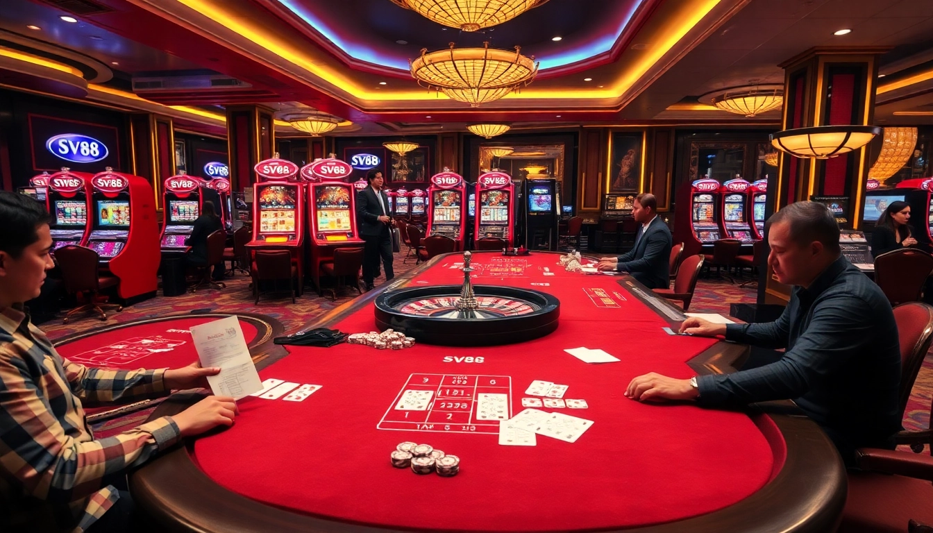 Experience the excitement of SV88 at a luxurious casino table with vibrant slot machines and poker chips.