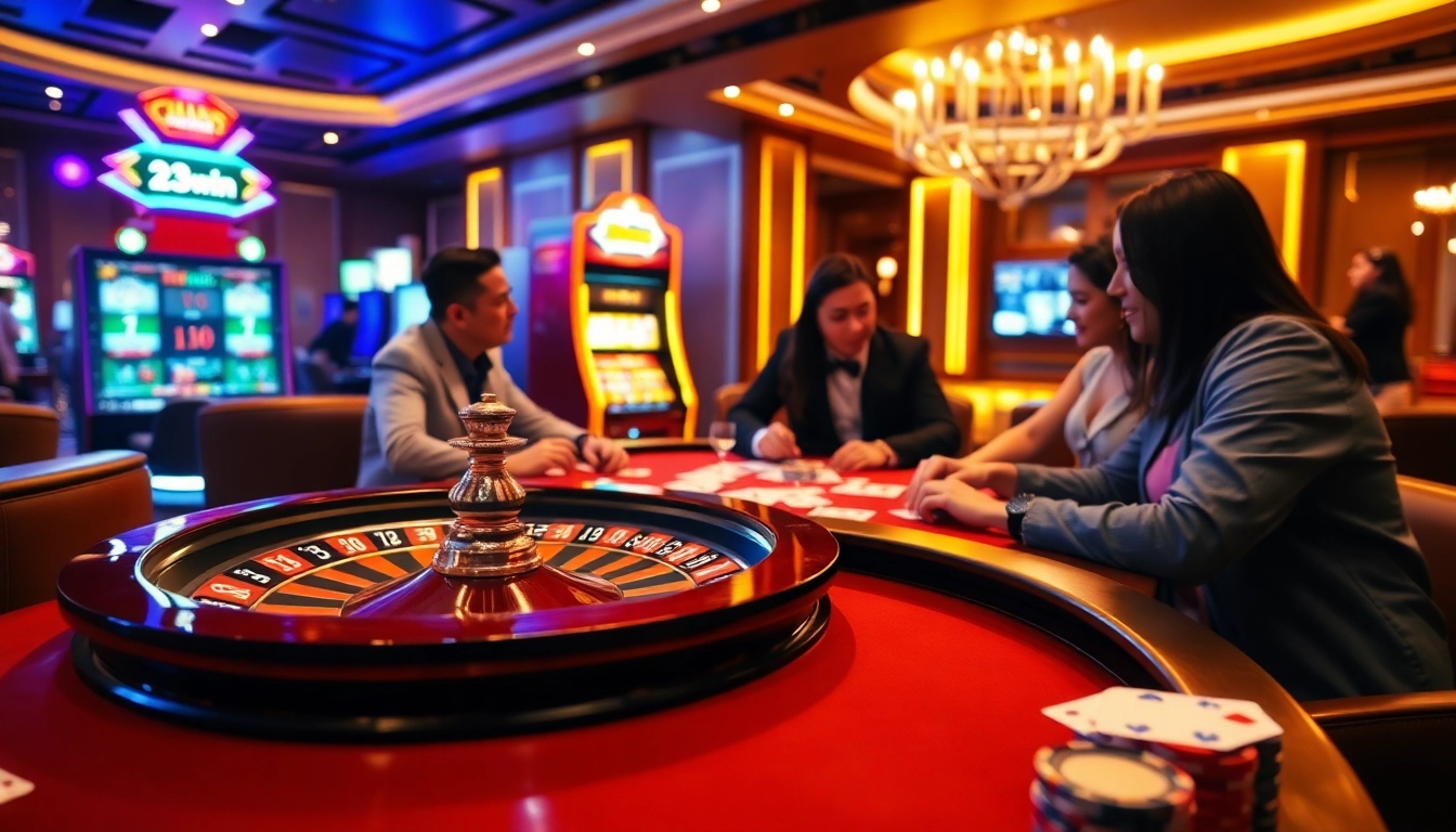 Players enjoying a thrilling round at 23win casino, showcasing a vibrant roulette table and poker chips.