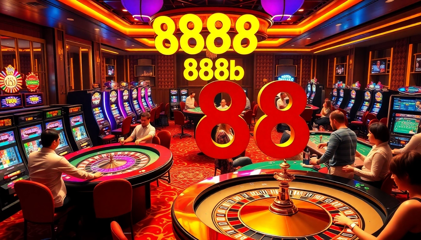 Players at the casino enjoying games like poker and roulette with 888b branding visible.