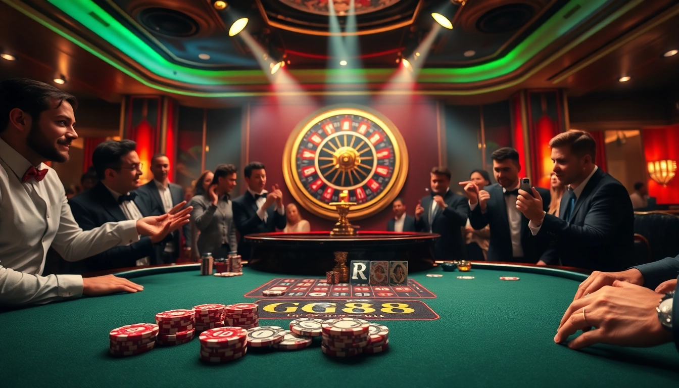 Exciting scene at GG88 casino with gamblers at a poker table and roulette wheel.