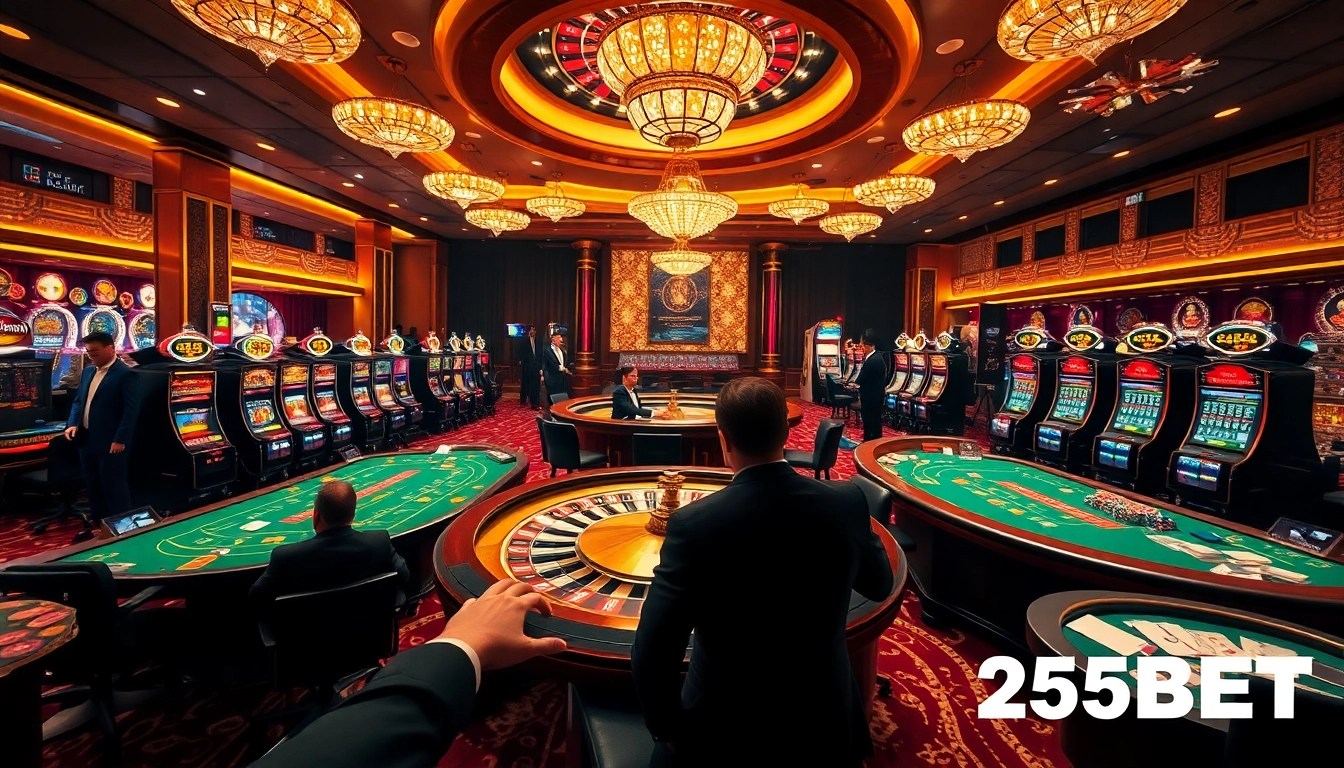Experience the excitement of casino gaming with 255BET, featuring poker tables and roulette wheels.