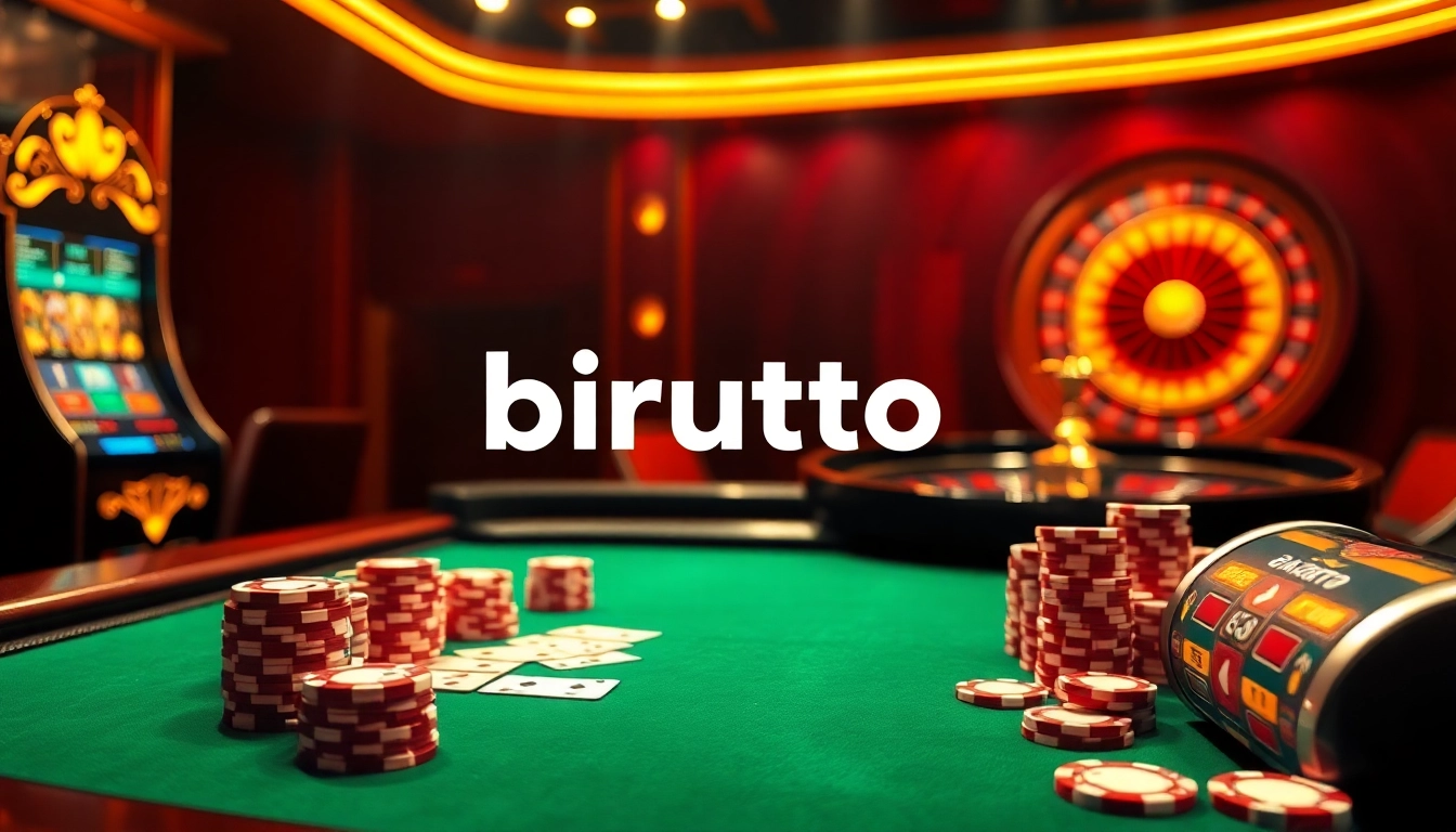 Experience the excitement of birutoto with a luxurious poker table and vibrant slot machines.